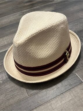 Peter Grimm Cream Straw Fedora with Navy and Burgundy Trim